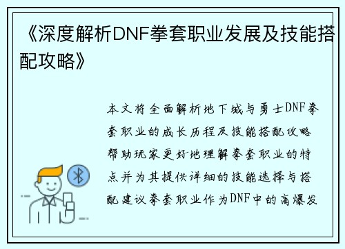 《深度解析DNF拳套职业发展及技能搭配攻略》