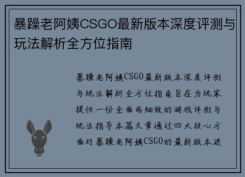 暴躁老阿姨CSGO最新版本深度评测与玩法解析全方位指南